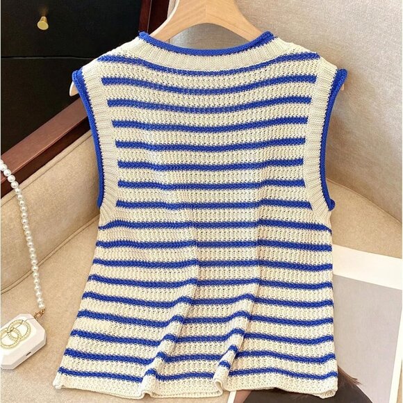 Women's Striped Sleeveless Sweater Vest Knit Pullover Tank Top Large - Picture 2 of 5